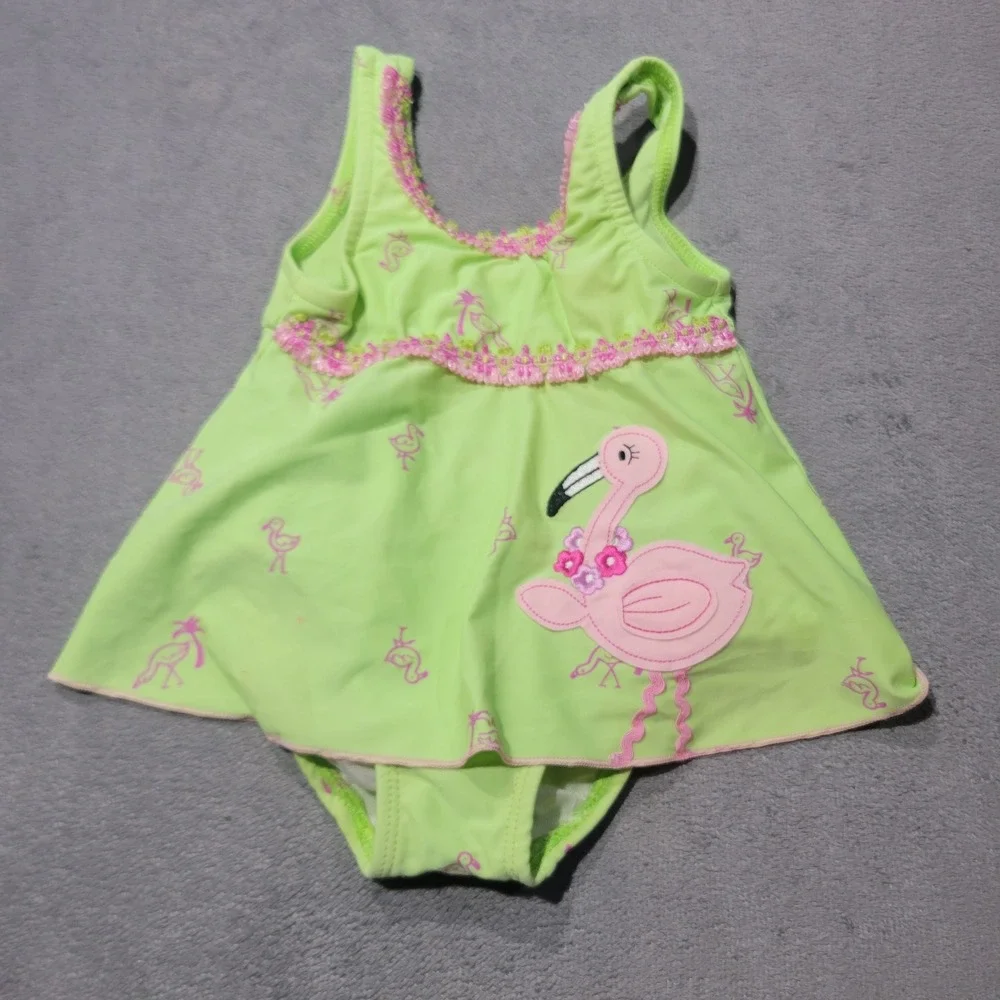Baby Buns Swim Dress Girls Lime Green Flamingo Print Ruffle Trim Tropical